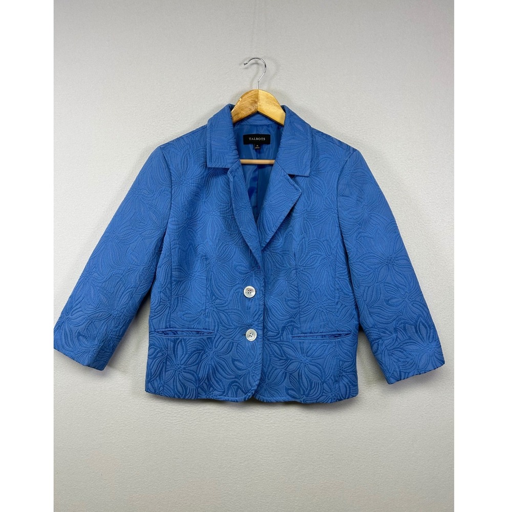 Coastal Preppy Talbots Womens 14 Blue‎ Floral Jacquard 3/4 Sleeve Blazer Jacket